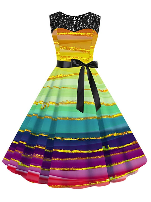 Women's Elegant Retro Lace Dress Midi Dress Outdoor Office Lace Patchwork Butterfly Crew Neck Sleeveless Regular Fit Summer Spring 2023 Navy Blue Blue S M L XL - LuckyFash™