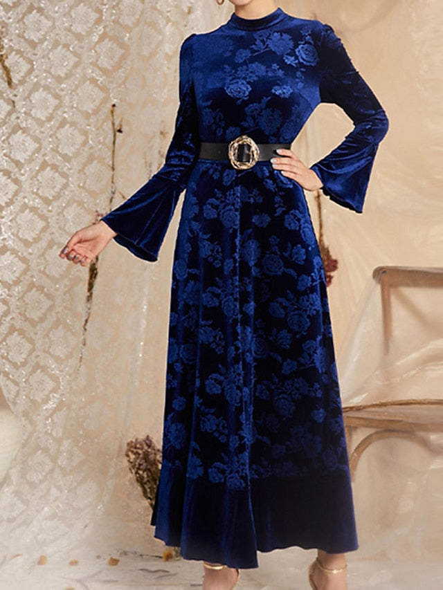 Womenâ€˜s Formal Party Dress Wedding Guest Dress Velvet Dress Red Long Dress Maxi Dress Wine Dark Blue Long Sleeve Floral Velvet Print Winter Fall Stand Collar Fashion Elegant Fall Dress 2023 S M L XL - LuckyFash™