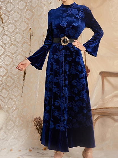 Womenâ€˜s Formal Party Dress Wedding Guest Dress Velvet Dress Red Long Dress Maxi Dress Wine Dark Blue Long Sleeve Floral Velvet Print Winter Fall Stand Collar Fashion Elegant Fall Dress 2023 S M L XL - LuckyFash™