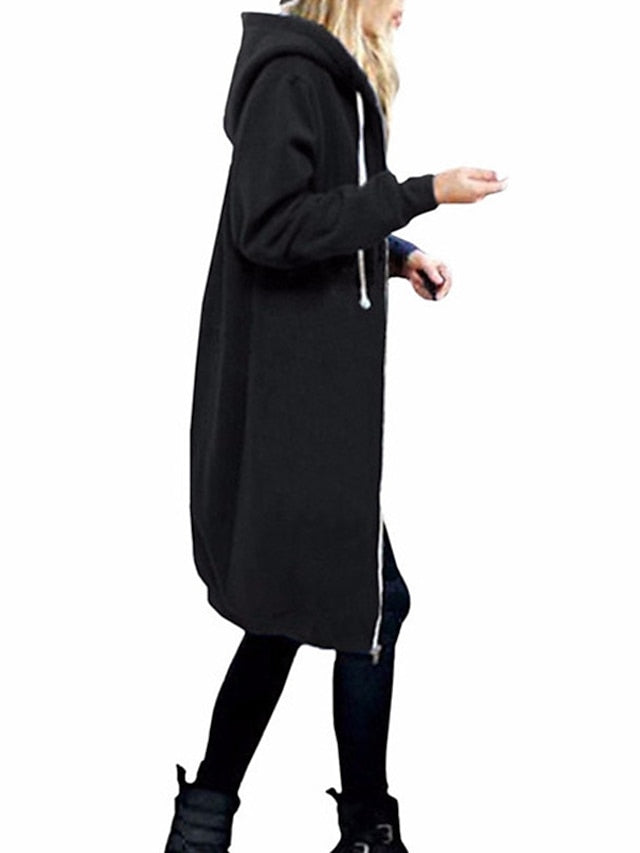 Fleece Jacket Streetwear Zip Up Front Pocket Black Blue Light Grey Solid Color Street Hoodie Long Sleeve for Women - LuckyFash™