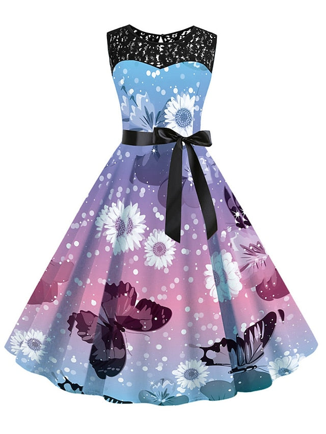 Women's Elegant Retro Lace Dress Midi Dress Outdoor Office Lace Patchwork Butterfly Crew Neck Sleeveless Regular Fit Summer Spring 2023 Navy Blue Blue S M L XL - LuckyFash™