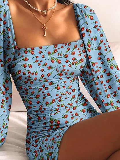 Ruched Lantern Sleeve Solid Bodycon Dress - LuckyFash™