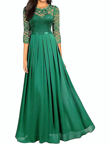 Womenâ€˜s Formal Party Dress Lace Dress Long Dress Maxi Dress Green Wine Navy Blue Black 3/4 Length Sleeve Pure Color Lace Ruched Winter Fall Crew Neck Elegant Formal Romantic 2023 S M L XL XXL - LuckyFash™