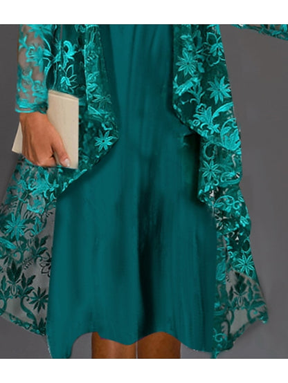 Women's Lace Dress Dress Set Two Piece Dress Midi Dress Dark Green Long Sleeve Embroidery Ruched Summer Spring Crew Neck Modern Winter Dress Fall Dress 2023 S M L XL XXL 3XL - LuckyFash™