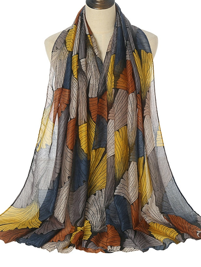 Retro Plant Print Scarves Women Ginkgo Leaf Printing Shawl And Wraps Laday Foulard Flower Hijab Long Style Scarf - LuckyFash™