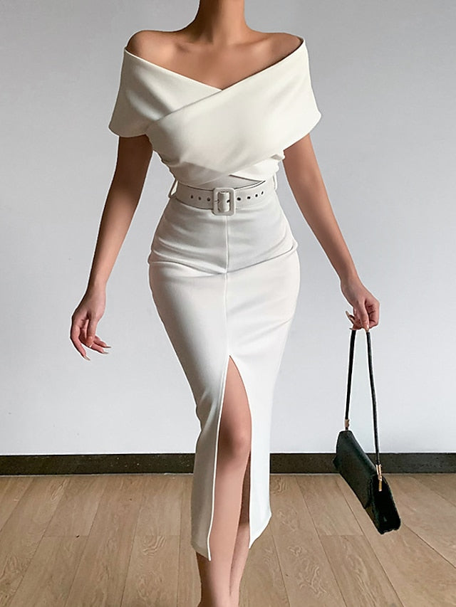 Womenâ€˜s Formal Party Dress Wedding Guest Dress Bodycon Sheath Dress Midi Dress Black White Pink Short Sleeve Pure Color Backless Spring Summer Autumn Off Shoulder Stylish Slim 2023 S M L XL XXL 3XL - LuckyFash™