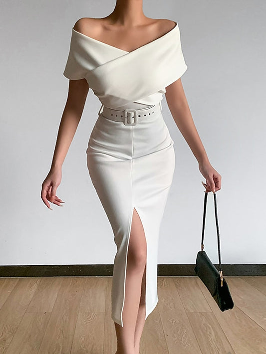 Womenâ€˜s Formal Party Dress Wedding Guest Dress Bodycon Sheath Dress Midi Dress Black White Pink Short Sleeve Pure Color Backless Spring Summer Autumn Off Shoulder Stylish Slim 2023 S M L XL XXL 3XL - LuckyFash™