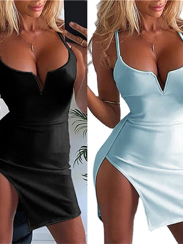 Women's Holiday Dress Sheath Dress Strap Dress Mini Dress Black White Sleeveless Pure Color Backless Spring Summer V Neck Stylish 2023 S M L XL - LuckyFash™