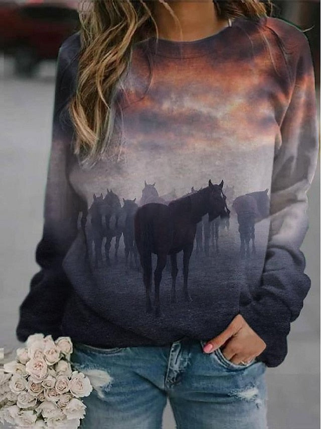 Women's Hoodie Sweatshirt Pullover Streetwear Casual Purple Yellow Khaki Graphic Horse Loose Fit Daily Round Neck Long Sleeve S M L XL XXL - LuckyFash™