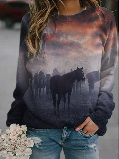 Women's Hoodie Sweatshirt Pullover Streetwear Casual Purple Yellow Khaki Graphic Horse Loose Fit Daily Round Neck Long Sleeve S M L XL XXL - LuckyFash™