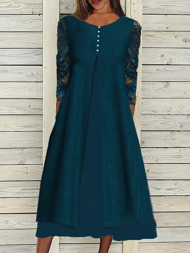 Womenâ€˜s Gauze Dress Midi Dress Navy Blue 3/4 Length Sleeve Pure Color Lace Fall Winter Crew Neck Stylish Modern 2023 3XL - LuckyFash™