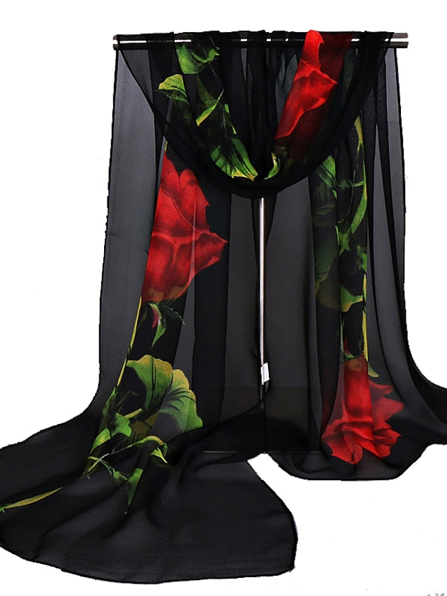 Women's Chiffon Scarf Wedding Black Scarf Floral Pink Fall Spring Print Polyester - LuckyFash™