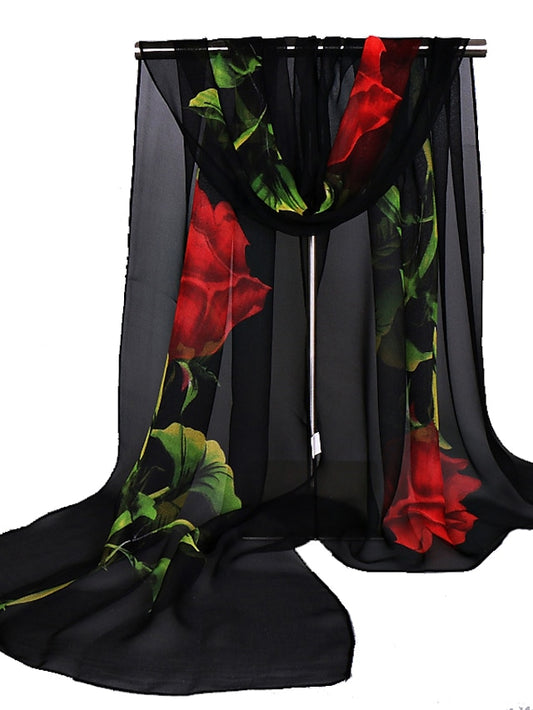 Women's Chiffon Scarf Wedding Black Scarf Floral Pink Fall Spring Print Polyester - LuckyFash™