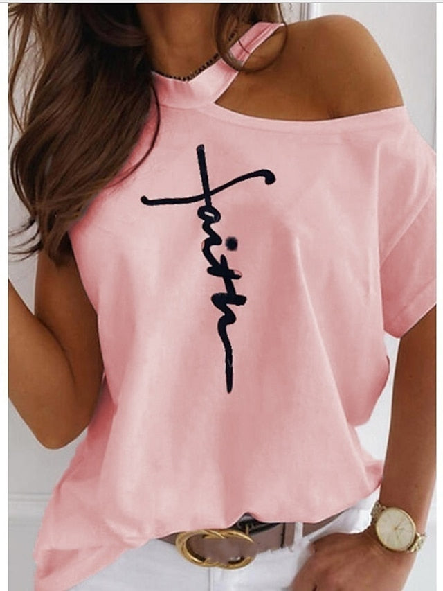 fronage womens short sleeve faith shirts cold shoulder tops casual summer graphic t-shirt (medium, beige) - LuckyFash™