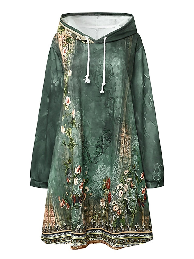 Womenâ€˜s Hoodie Dress Winter Dress Sweatshirt Dress Winter Dress  Green Blue Purple Long Sleeve Floral Print Winter Fall Hooded Vacation Casual Fall Dress 2022 S M L XL XXL 3XL - LuckyFash™
