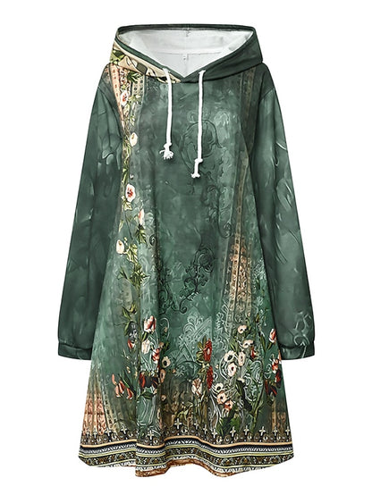 Womenâ€˜s Hoodie Dress Winter Dress Sweatshirt Dress Winter Dress  Green Blue Purple Long Sleeve Floral Print Winter Fall Hooded Vacation Casual Fall Dress 2022 S M L XL XXL 3XL - LuckyFash™