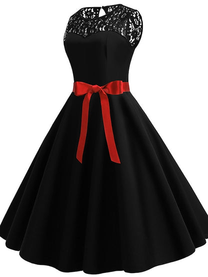 Women's Lace Dress Vintage Dress Swing Dress Midi Dress Light Blue Wine Red Black Sleeveless Print Lace up Summer Spring Fall Crew Neck 1950s Party Spring Dress 2023 S M L XL XXL - LuckyFash™