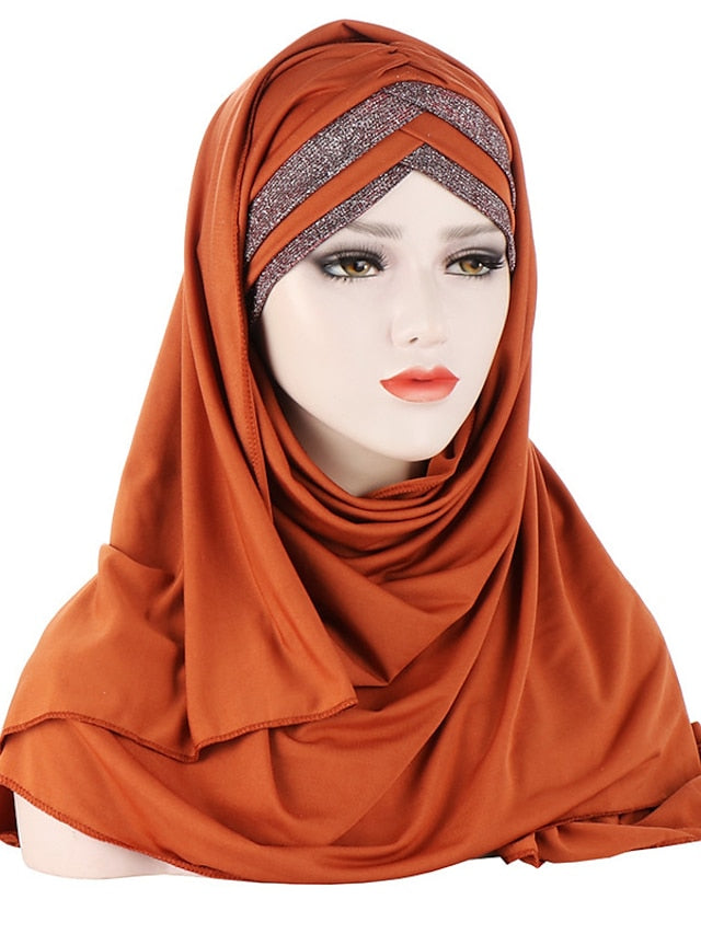 Forehead Cross Hair Wrap Scarf Solid Color Glitter Sequins Jersey Hijabs Muslim Headband Women Turban Hair Cap Headscarf - LuckyFash™