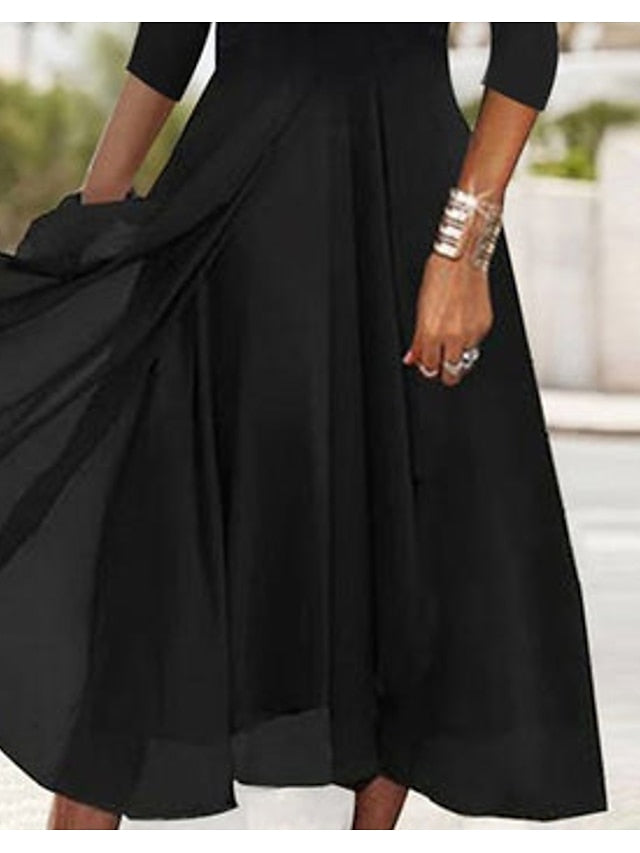 Women's Holiday Dress Swing Dress Black Dress Midi Dress Black 3/4 Length Sleeve Pure Color Ruffle Summer Spring V Neck Modern Winter Dress Evening Party Fall Dress 2023 S M L XL 2XL 3XL - LuckyFash™