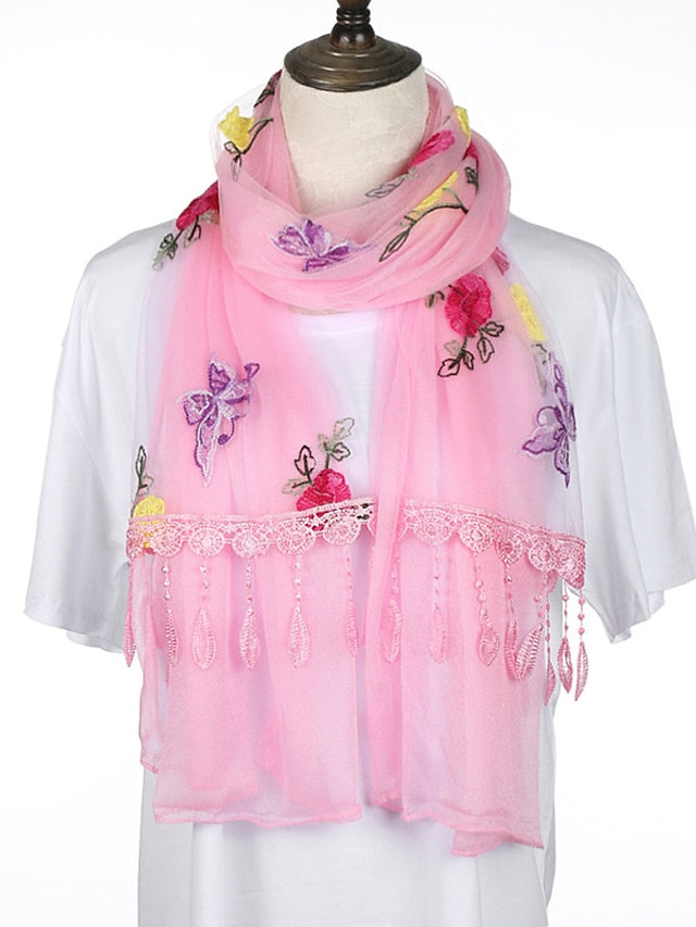 Spring Summer Embroidery Solid Colors Thin Style Hijab Gauze Scarf Women Butterfly Tassel Scarves Daily Dress - LuckyFash™