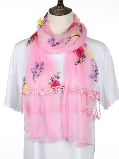 Spring Summer Embroidery Solid Colors Thin Style Hijab Gauze Scarf Women Butterfly Tassel Scarves Daily Dress - LuckyFash™