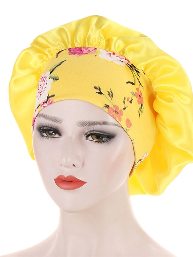 Women Satin Night Beauty Salon Sleep Cap Bonnet Hat Silk Headwrap Floral Print Wide Elastic Band Curly Springy Hair Chemo Cap Sleep Cap - LuckyFash™