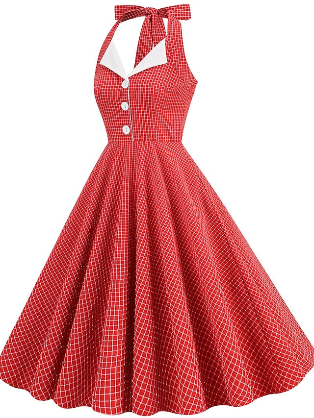 Women's Elegant Retro Vintage Dress Midi Dress Outdoor Daily Ruched Backless Plaid Halter Sleeveless Slim Summer Spring 2023 Lake blue Almond S M L XL - LuckyFash™