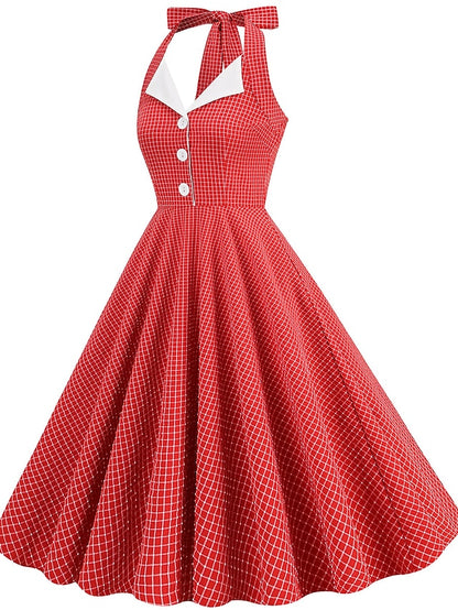 Women's Elegant Retro Vintage Dress Midi Dress Outdoor Daily Ruched Backless Plaid Halter Sleeveless Slim Summer Spring 2023 Lake blue Almond S M L XL - LuckyFash™