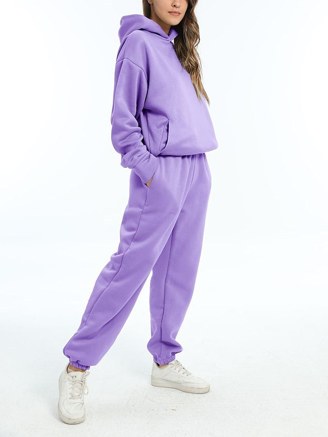 Hoodie 2 Piece Solid / Plain Color Sports Regular Winter Creamy-white ArmyGreen Big red Purple Pink for Women - LuckyFash™