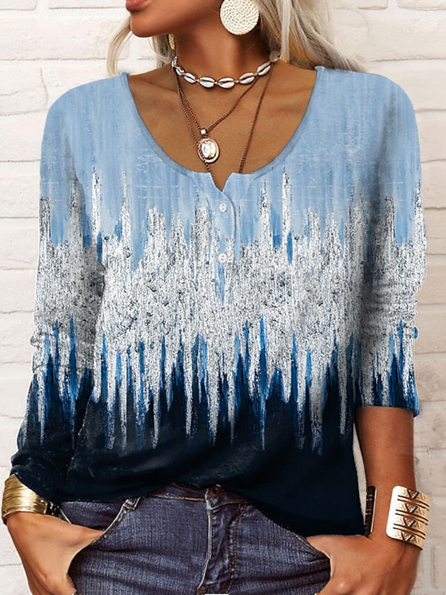 Women's Henley Shirt T shirt Tee Maroon Grass Green White Galaxy Sparkly Button Print Long Sleeve Casual Weekend Basic Round Neck Regular Painting S - LuckyFash™