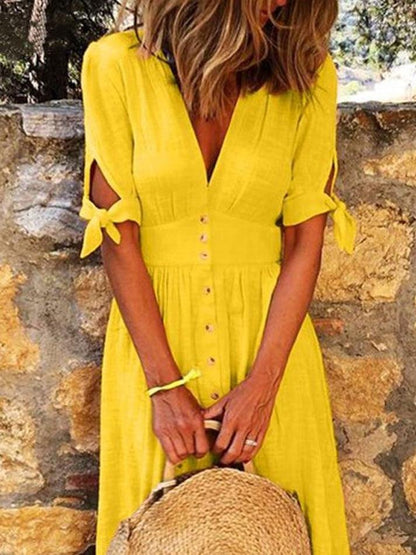 Solid Color V Neck Tie Half Sleeve Casual Dress - LuckyFash™