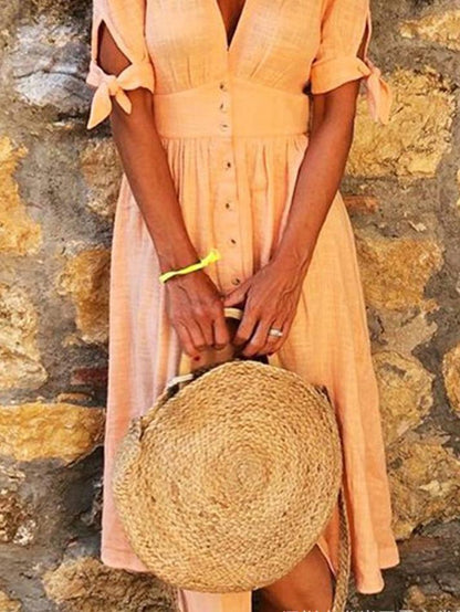 Solid Color V Neck Tie Half Sleeve Casual Dress - LuckyFash™
