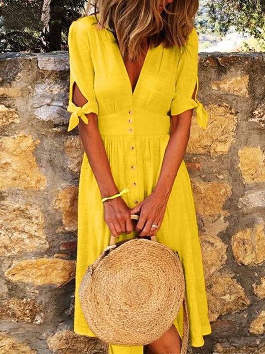Solid Color V Neck Tie Half Sleeve Casual Dress - LuckyFash™