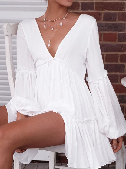 Solid Deep V Lantern Sleeve Dress - LuckyFash™