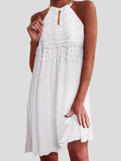 Solid Sleeveless Lace Dangle Mini Dress - LuckyFash™