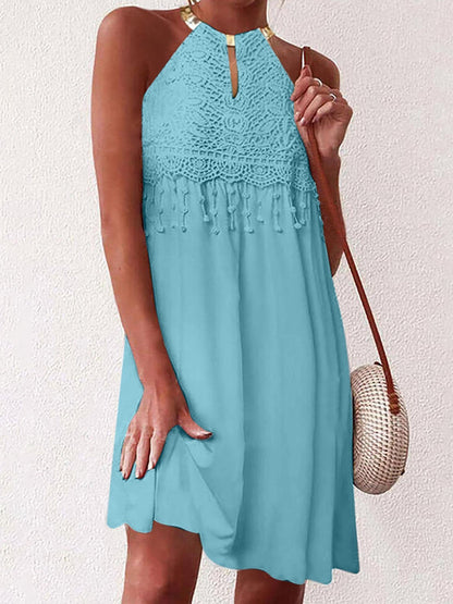 Solid Sleeveless Lace Dangle Mini Dress - LuckyFash™