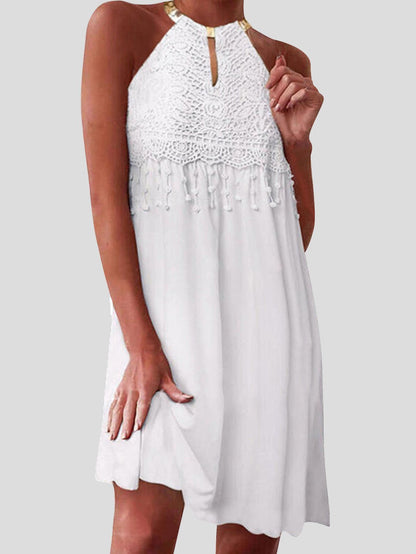 Solid Sleeveless Lace Dangle Mini Dress - LuckyFash™