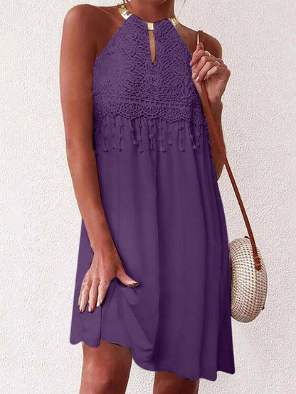 Solid Sleeveless Lace Dangle Mini Dress - LuckyFash™