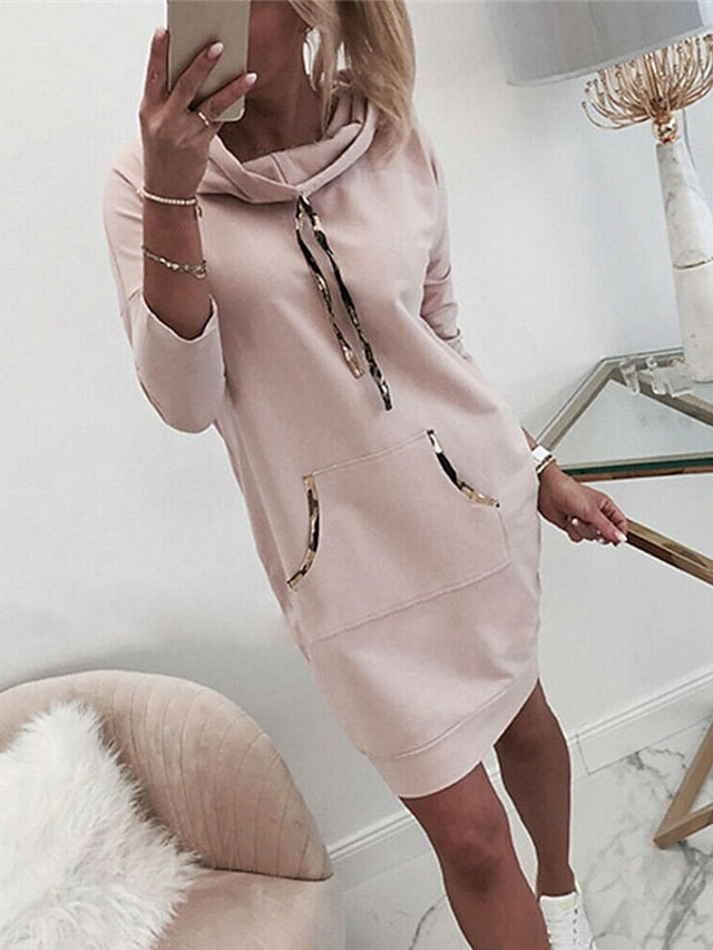 Women's Hoodie Dress Sweatshirt Dress Winter Dress Mini Dress White Pink Light Grey Long Sleeve Pure Color Pocket Spring Fall Winter Hooded Stylish Vacation Fall Dress Loose Fit 2023 S M L XL XXL 3XL - LuckyFash™