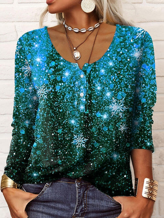 Women's Henley Shirt T shirt Tee Maroon Grass Green White Galaxy Sparkly Button Print Long Sleeve Casual Weekend Basic Round Neck Regular Painting S - LuckyFash™