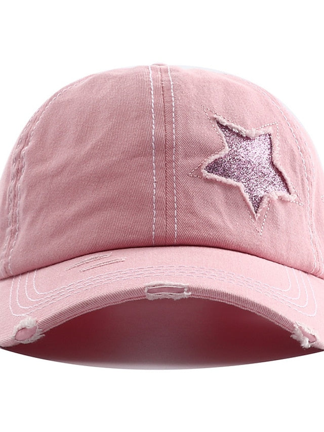 Men Washed Cotton Baseball Cap Glitter Star Embroidery Vintage Distressed Messy High Bun Ponytail Hole Trucker Hat Womens Adjustable Sun Hat - LuckyFash™