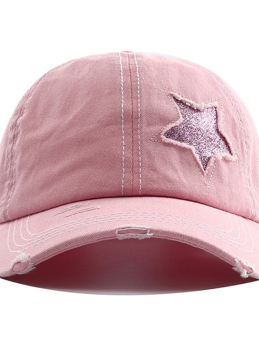Men Washed Cotton Baseball Cap Glitter Star Embroidery Vintage Distressed Messy High Bun Ponytail Hole Trucker Hat Womens Adjustable Sun Hat - LuckyFash™
