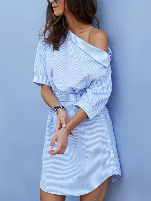 Striped Oblique Shoulder Shirt Dress With Belt - LuckyFash™