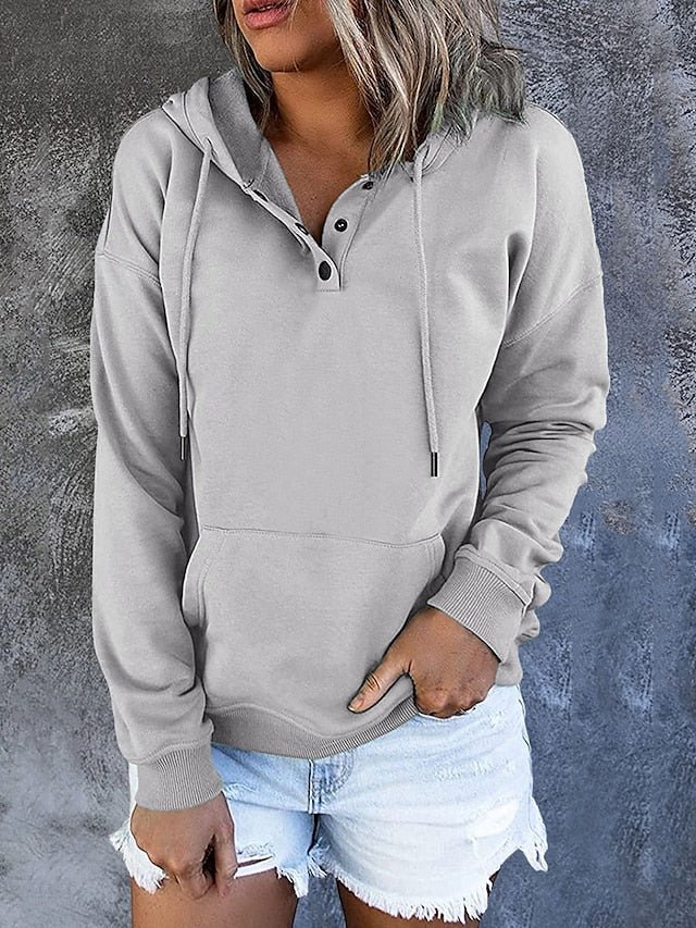 Women's Hoodie Pullover Button Up Hoodie Casual Wine Red Black Blue Solid Color Plain Casual Hooded Long Sleeve - LuckyFash™