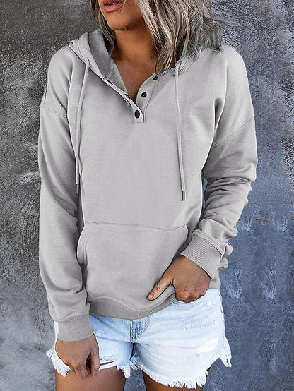 Women's Hoodie Pullover Button Up Hoodie Casual Wine Red Black Blue Solid Color Plain Casual Hooded Long Sleeve - LuckyFash™