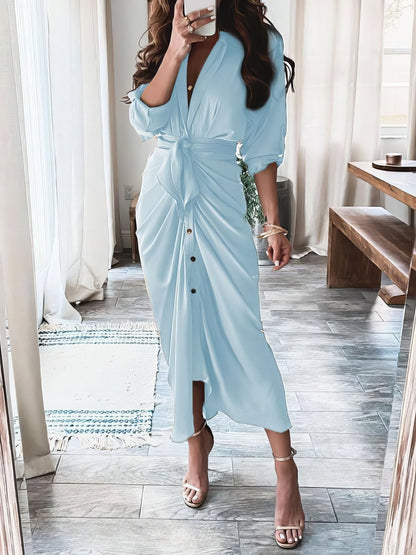 Summer V-neck Button Solid Long Dress - LuckyFash™