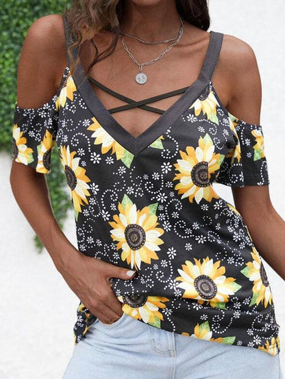 Sunflower Print Cold Shoulder Short Sleeves T-shirts - LuckyFash™