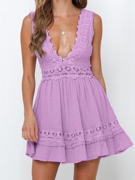 Sweet Lace Solid Color Sleeveless Casual Dress - LuckyFash™