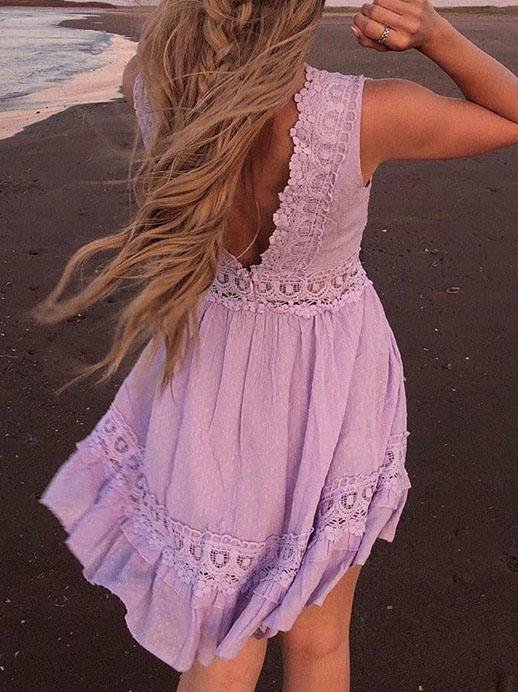 Sweet Lace Solid Color Sleeveless Casual Dress - LuckyFash™