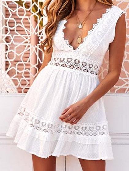 Sweet Lace Solid Color Sleeveless Casual Dress - LuckyFash™